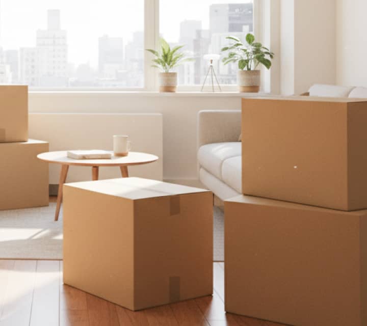 引っ越し後の室内に積まれた段ボール箱のある生活空間