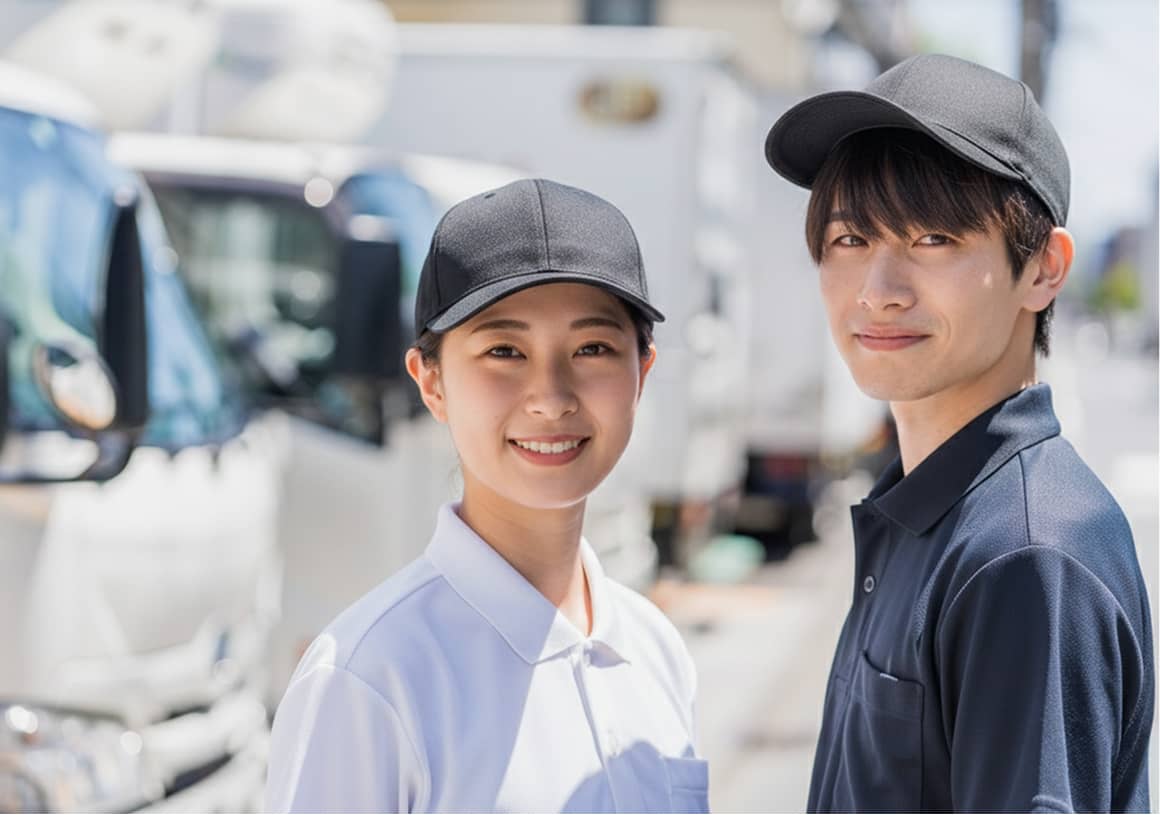 配送トラックを背景に、笑顔で並ぶ男女の若手配送スタッフ