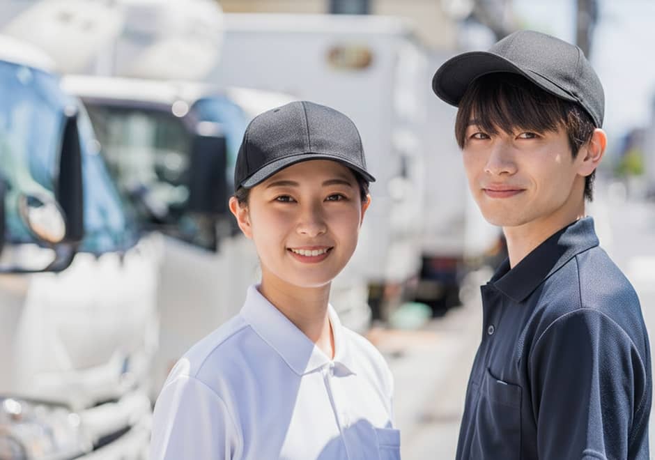 配送センター前で笑顔を見せる男女のドライバースタッフ。